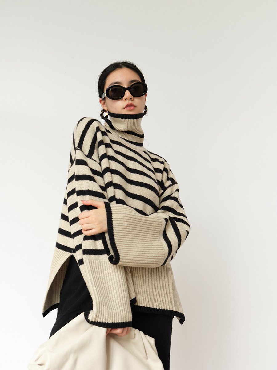 Women's striped loose turtleneck sweater