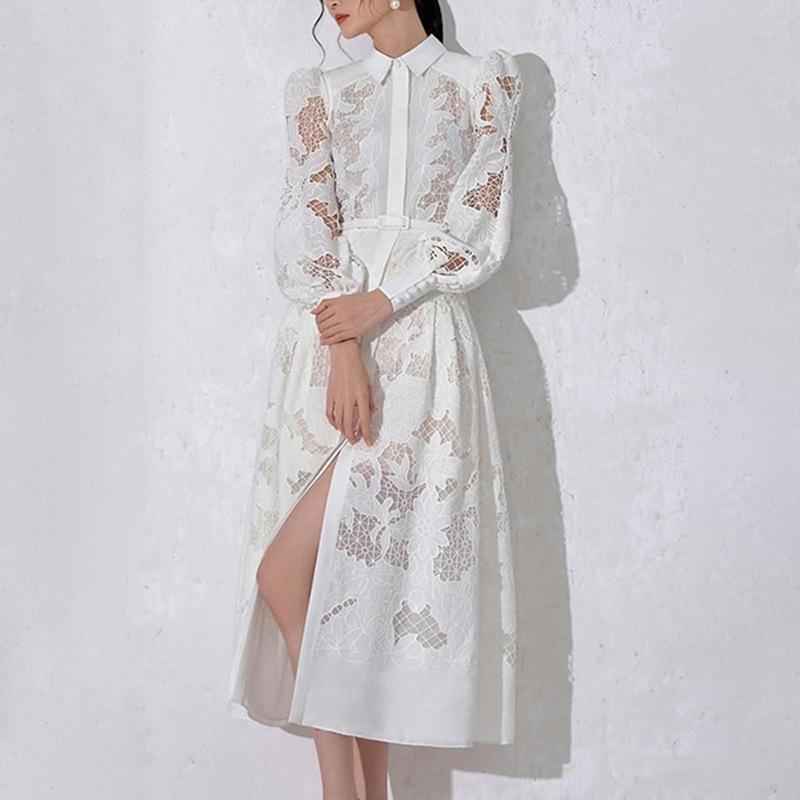 Stand Collar Long Sleeve Suspender Lined Mesh Hollow Dress