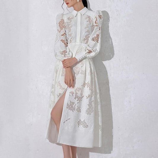 Stand Collar Long Sleeve Suspender Lined Mesh Hollow Dress