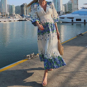 V-neck Blue Floral Maxi Dress