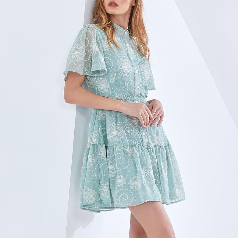 New Arrival Elegant Stand Collar Short Sleeve Printed Short Dress