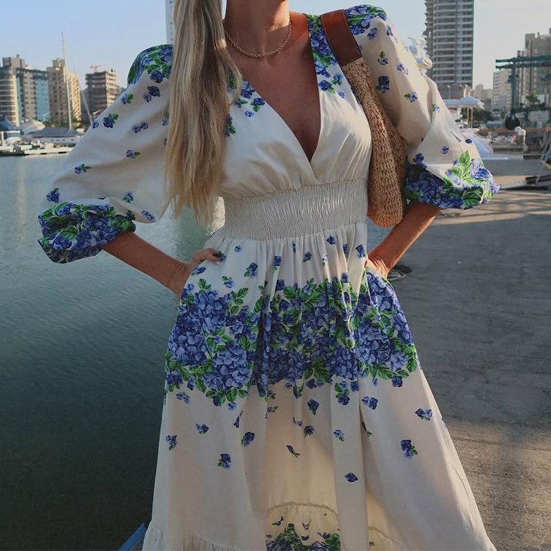 V-neck Blue Floral Maxi Dress