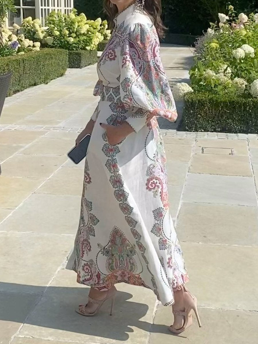 Placement Print Long Sleeve Maxi Dress