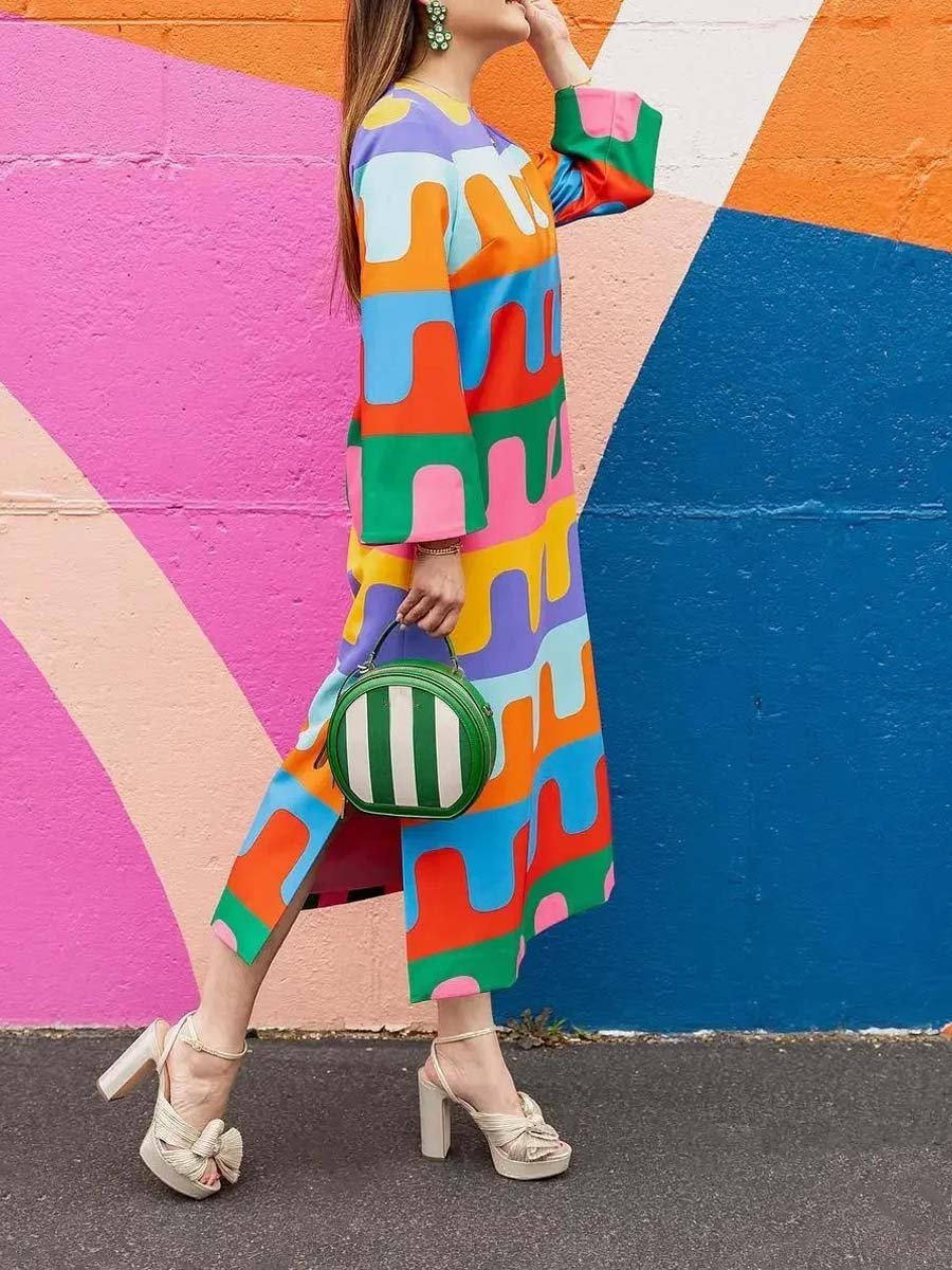 Rainbow Printed Split Midi Dress